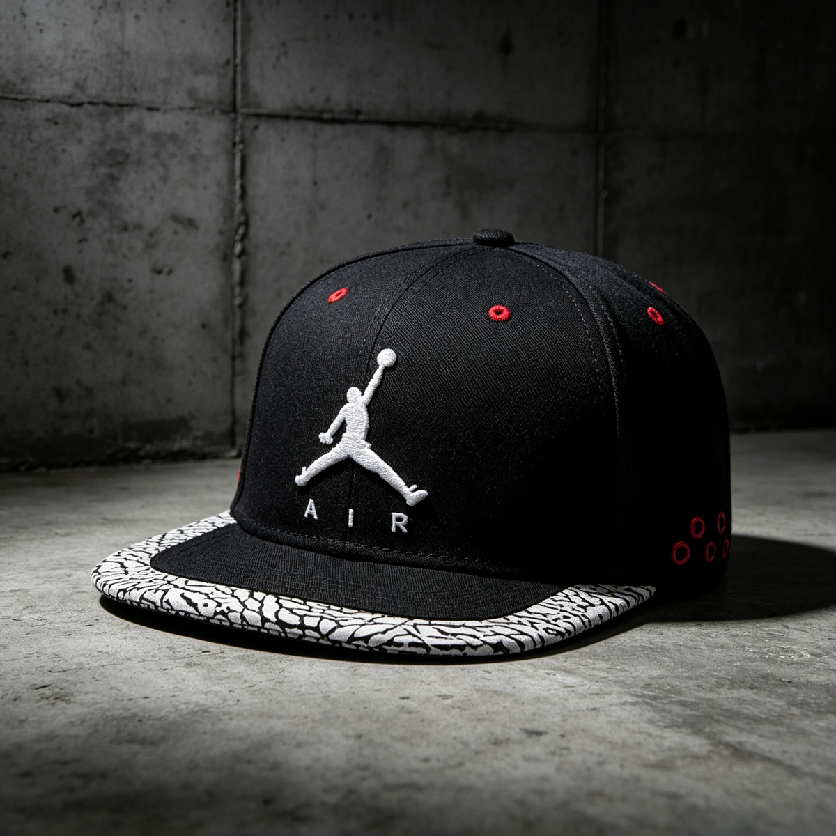 "Black/Red” Jordan Elephant Print hat on Nike Flat cap