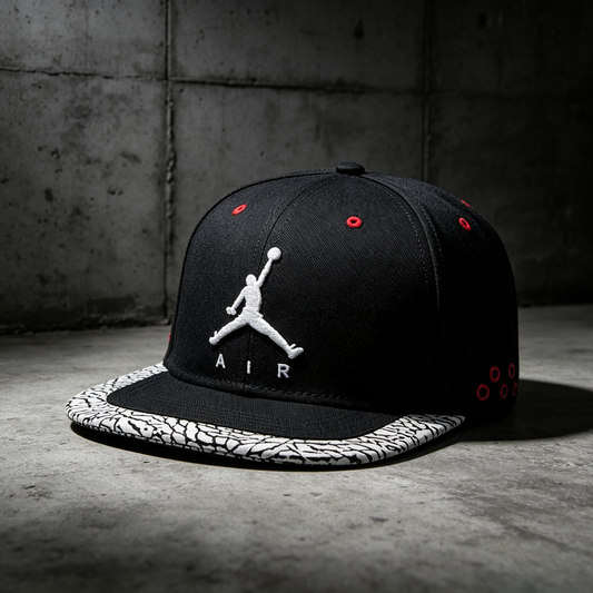 "Black/Red” Jordan Elephant Print hat on Nike Flat cap