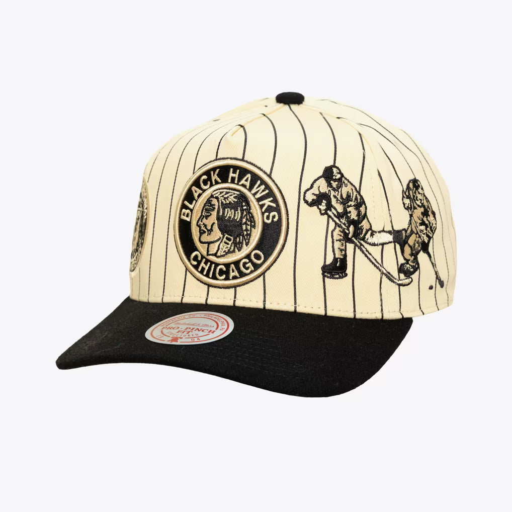 Chicago Blackhawks Cream/Black Retro Roots Vintage Stripe Pro Pinch Snapback Hat