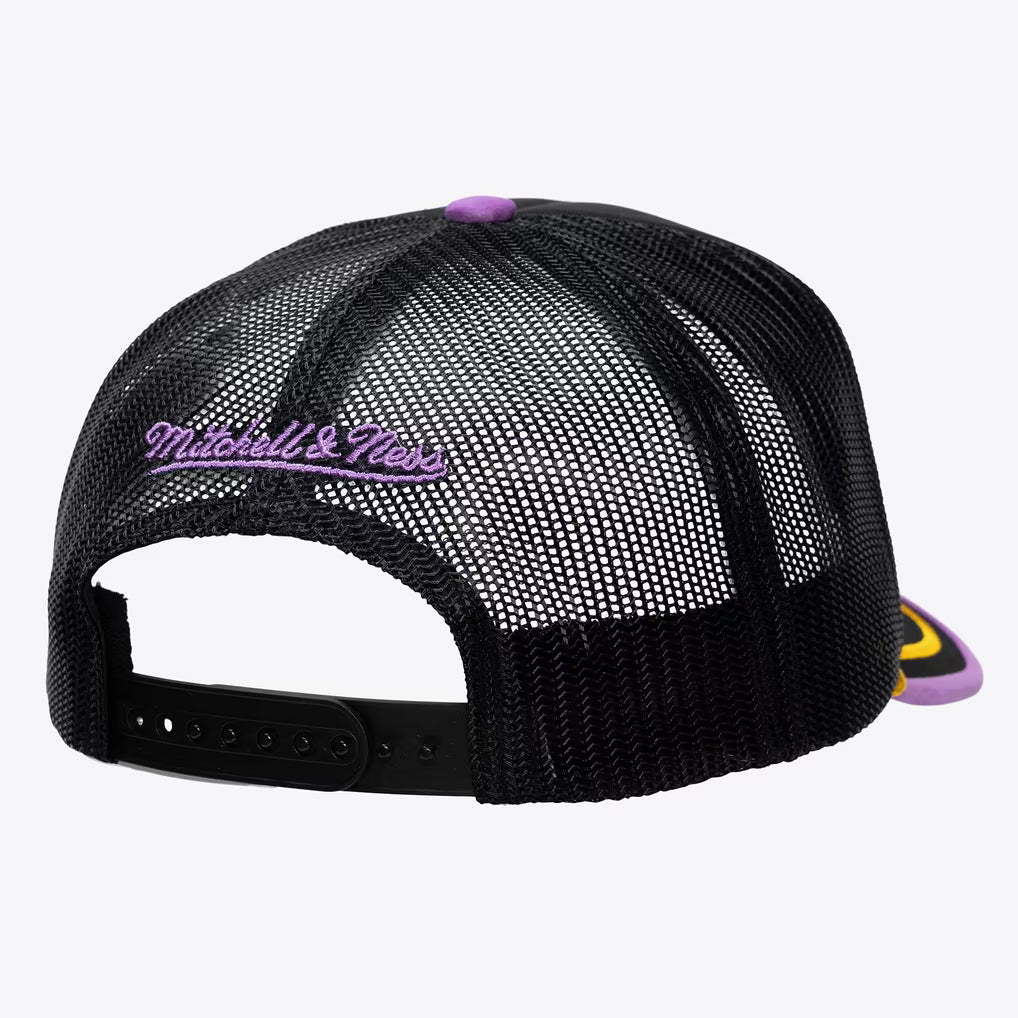 Los Angeles Lakers M&N x LRG Black Hardwood Classics Wild Art Trucker Adjustable Hat